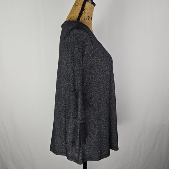 GYFT Gray Bell Sleeve Tunic Top L Criss Cross Neck Boho Chic Casual Soft Classic - Picture 2 of 10